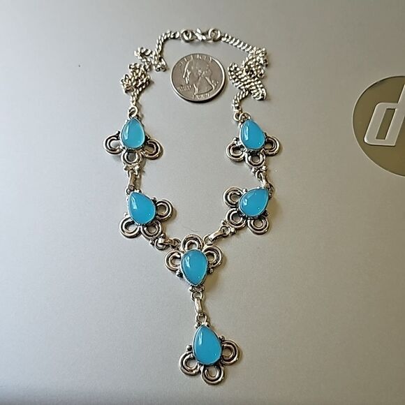 Blue Chalcedony Stone Necklace 18" Silver Plated - Picture 6 of 6